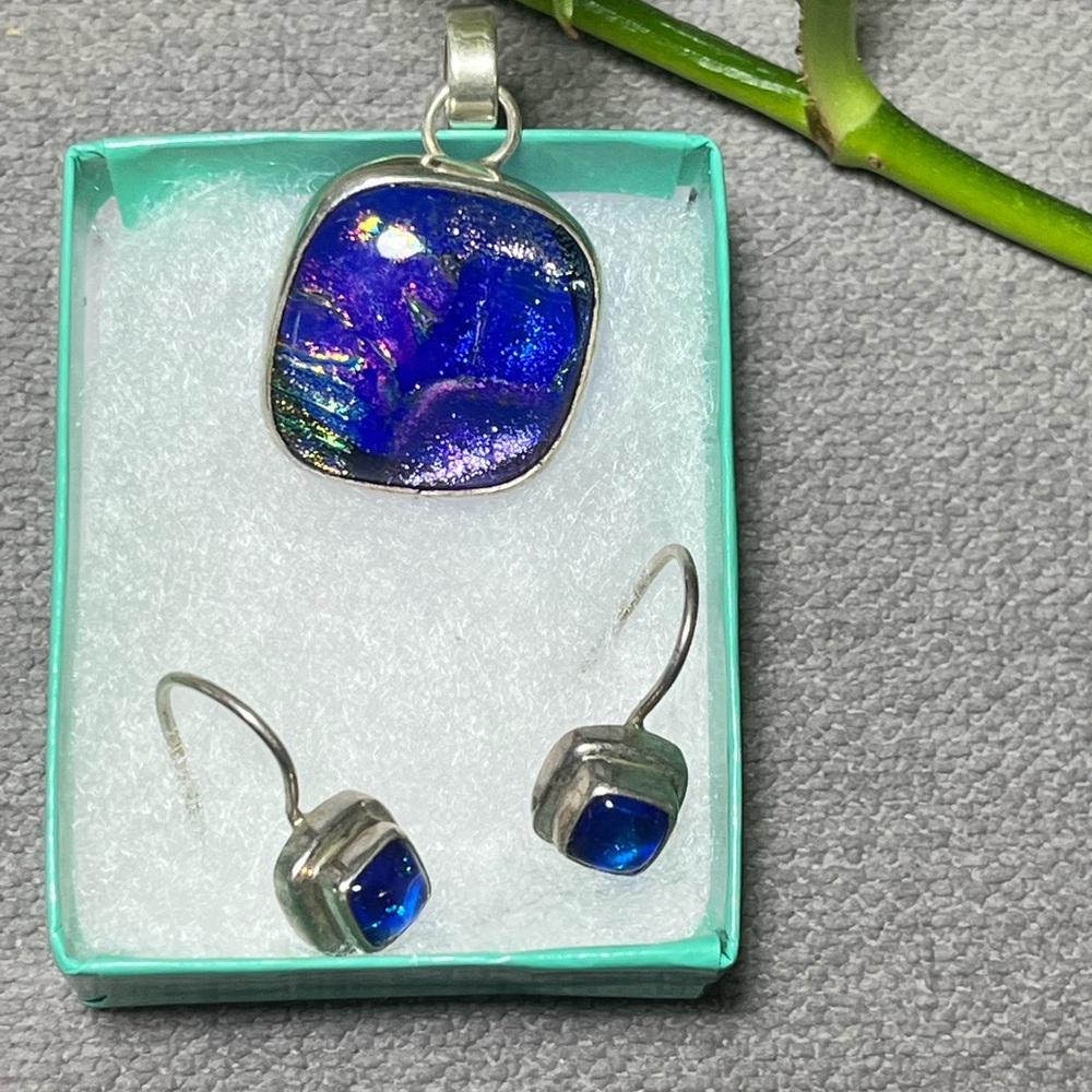 Fun Blue Art Glass and 925 Silver Jewelry Set